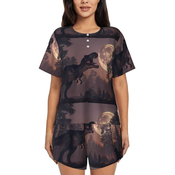 Sikiie Dinosaur Moonlit Forest Womens Pajama Sets Short Sleeve Top With Pants Sleepwear 2 Piece Lounge Set-X-Large
