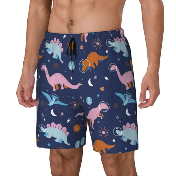 Sikiie Dinosaur Print Men's Double Layer Swimming Trunks, Adjustable Waistband and Pockets Sports Swimming Trunks, Beach Swimwear-X-Large