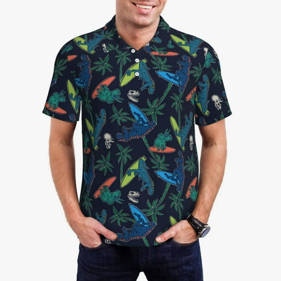 Sikiie Dinosaur Print Men's Short-sleeved POLO Shirts, Button-down Shirts and T-shirts are Suitable for Vacation, Leisure and Business-Medium