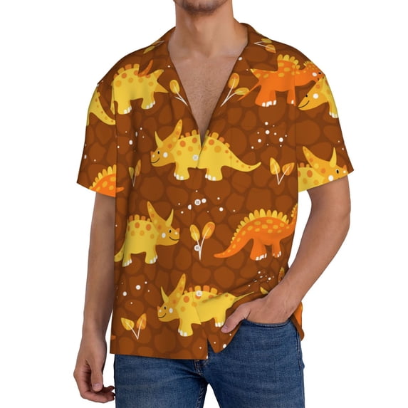 Sikiie Dinosaurs and Leaves Men's Wrinkle Free Untucked Cuban Shirt Business Casual Button Down Shirts Short Sleeve ShirtXX-Large