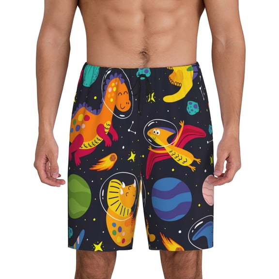 Sikiie Dinosaurs in Space Mens Pajama Shorts, Lightweight Lounge Pant with Pockets Soft Sleep Pj Shorts for Men