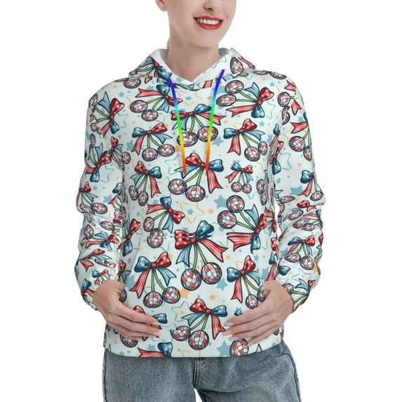 Sikiie Disco Ball Cherry With Bow Women's Casual Hoodies Long Sleeve Lightweight Pullover Tops Loose Sweatshirt-Large