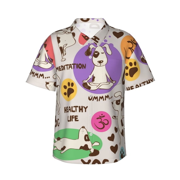 Sikiie Dog Doing Yoga Print Men's Hawaiian Shirt, Summer Beach Button Pocket Short Sleeve T-Shirt,XX-Large