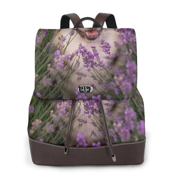 Sikiie Dog in Lavender Flowers Women Genuine Leather Backpack Fashion Rucksack Daypack Leather Casual Travel Backpacks for Women