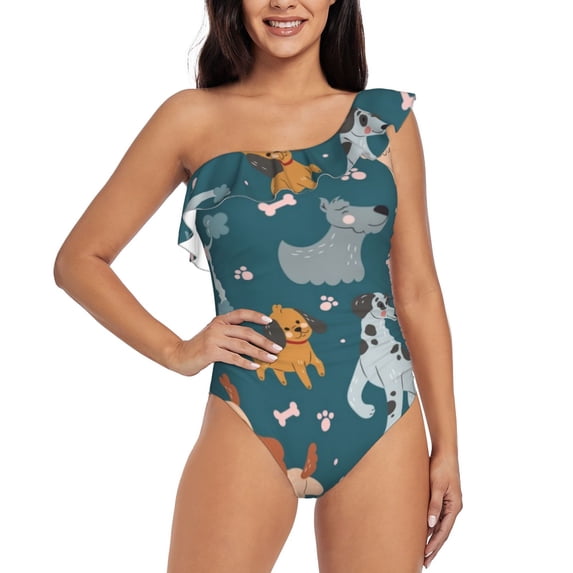 Sikiie Dogs Print Women One Piece Swimsuits Tummy Control One Shoulder Bathing Suits Ruffle Swimwear, From S to XXL-X-Large
