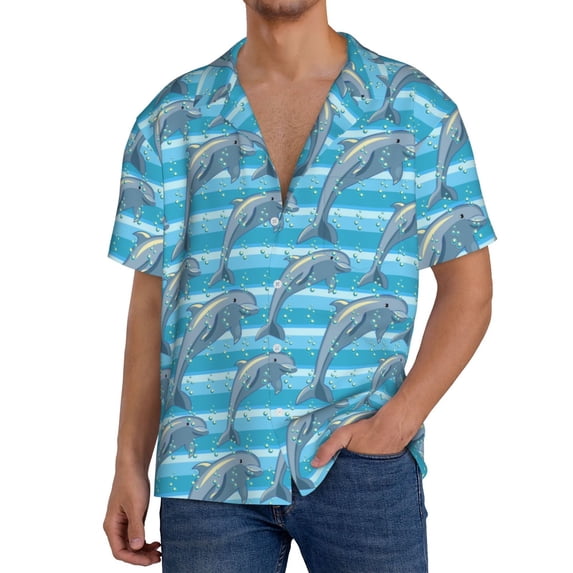 Sikiie Dolphin Men's Wrinkle Free Untucked Cuban Shirt Business Casual Button Down Shirts Short Sleeve ShirtSmall