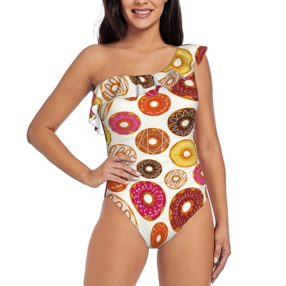 Sikiie Donut Print Women One Piece Swimsuits Tummy Control One Shoulder Bathing Suits Ruffle Swimwear, From S to XXL-Large