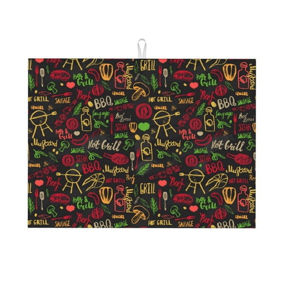 Sikiie Doodle Barbeque 1 Dish Drying Mat, Kitchen Counter Mat, Self Drying Mat for Kitchen Counter Dish Drying Pad ,for Dishes, Utensils, Pots and Pans(24" x 18")