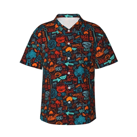 Sikiie Doodle Barbeque Print Men's Hawaiian Shirt, Summer Beach Button Pocket Short Sleeve T-Shirt,XX-Large