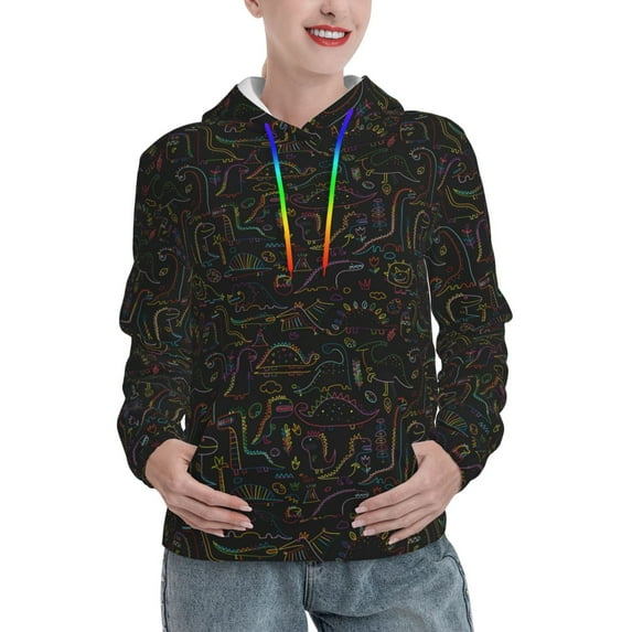 Sikiie Doodle Dinosaur Women's Casual Hoodies Long Sleeve Lightweight Pullover Tops Loose Sweatshirt-Small
