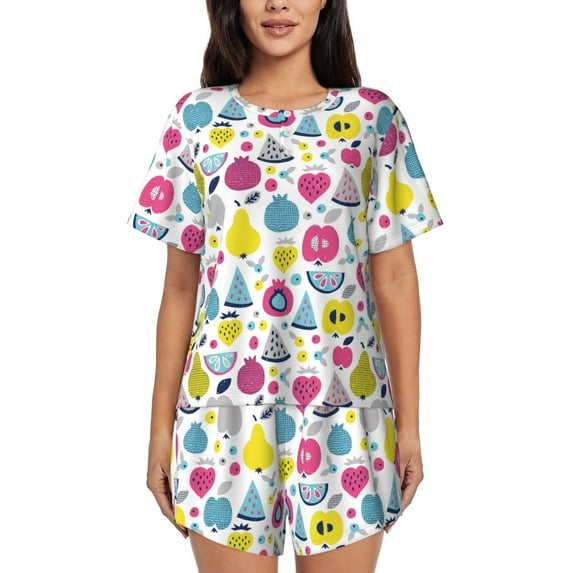 Sikiie Doodle Fruits Womens Pajama Sets Short Sleeve Top With Pants Sleepwear 2 Piece Lounge SetSmall