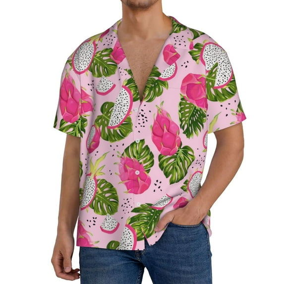 Sikiie Dragon Fruits Men's Wrinkle Free Untucked Cuban Shirt Business Casual Button Down Shirts Short Sleeve ShirtX-Large