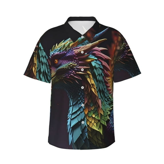 Sikiie Dragon with Colorful Tail Print Men's Hawaiian Shirt, Summer Beach Button Pocket Short Sleeve T-Shirt,Medium