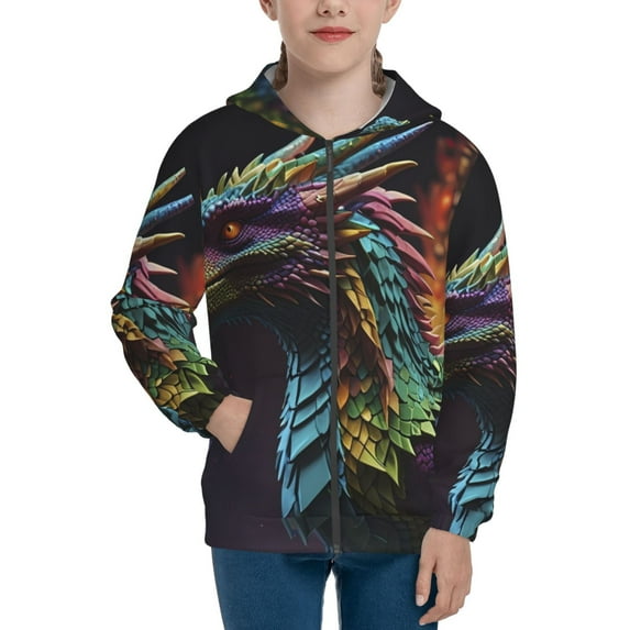 Sikiie Dragon with Colorful Tail Zip Up Hoodie Teenage, hoodies for Teenage, Zipper Sweatshirt Jacket for Daily, Traveling-Medium