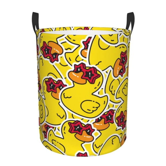 Sikiie Duck with Star Sunglasses Print Round Dirty Clothes Basket, Waterproof Standing Foldable Storage Basket, for Laundry Room, Bedroom, Bathroom Storage-Small