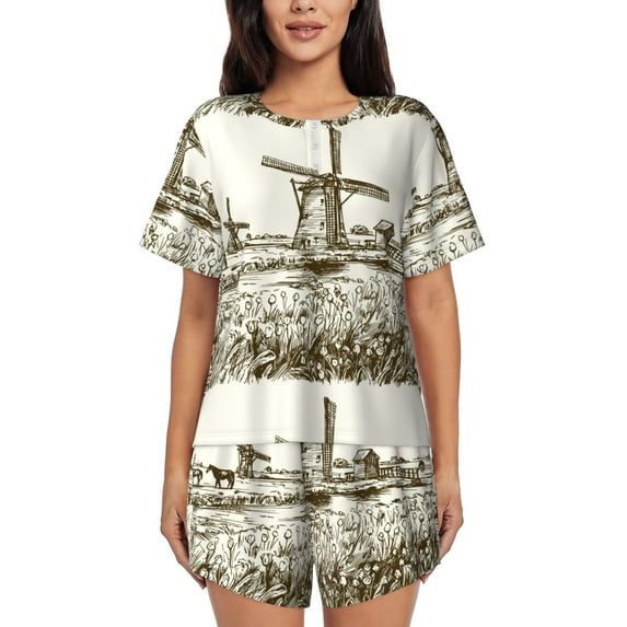 Sikiie Dutch Windmill Womens Pajama Sets Short Sleeve Top With Pants Sleepwear 2 Piece Lounge Set-Medium