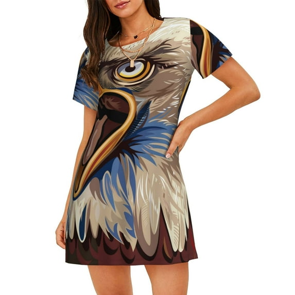Sikiie Eagle With USA Flags Print Women's Short-sleeved Nightdress, Round Neck Pullover Nightdress Pajamas Summer Home Wear