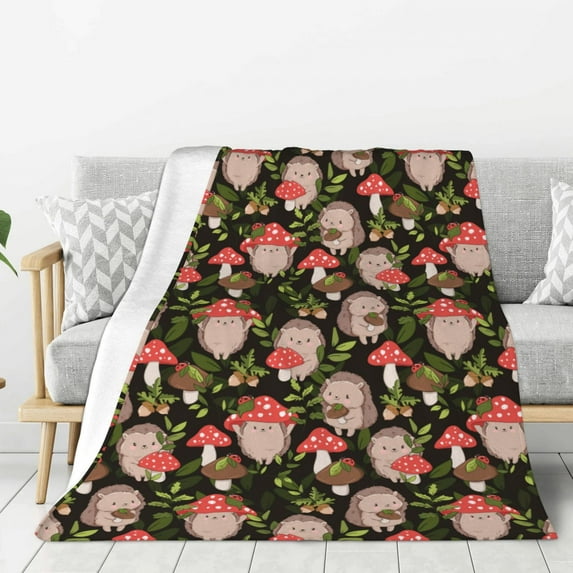 Sikiie Edgehog and Mushrooms Cozy Flannel Fleece Throw Blanket: Lightweight & Thick for All Seasons - Perfect for Women, Men, & Kids"60"x50"