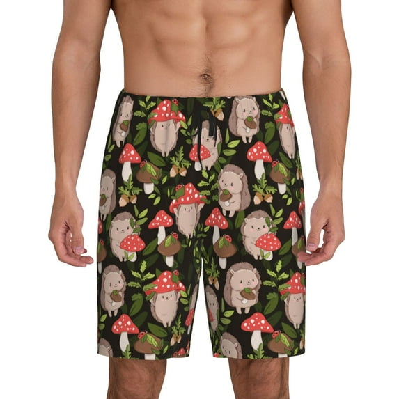 Sikiie Edgehog and Mushrooms Mens Pajama Shorts, Lightweight Lounge Pant with Pockets Soft Sleep Pj Shorts for MenXX-Large
