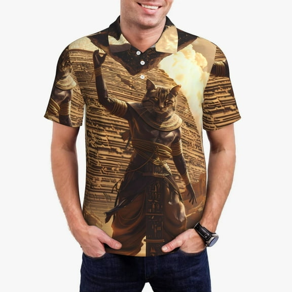 Sikiie Egyptian Cat Pharaoh Magic Print Men's Short-sleeved POLO Shirts, Button-down Shirts and T-shirts are Suitable for Vacation, Leisure and Business-Small