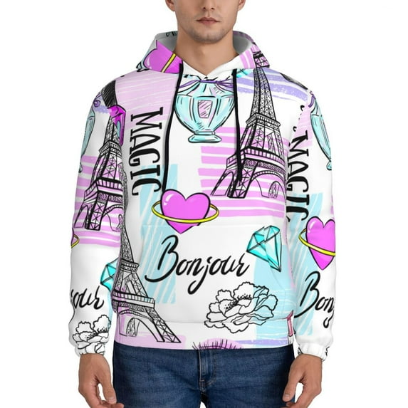 Sikiie Eiffel Tower and Hearts Men's Hoodie, Essentials Hoodie, Sweatshirt, Pullover Hooded Sweatshirt for Men-X-Large