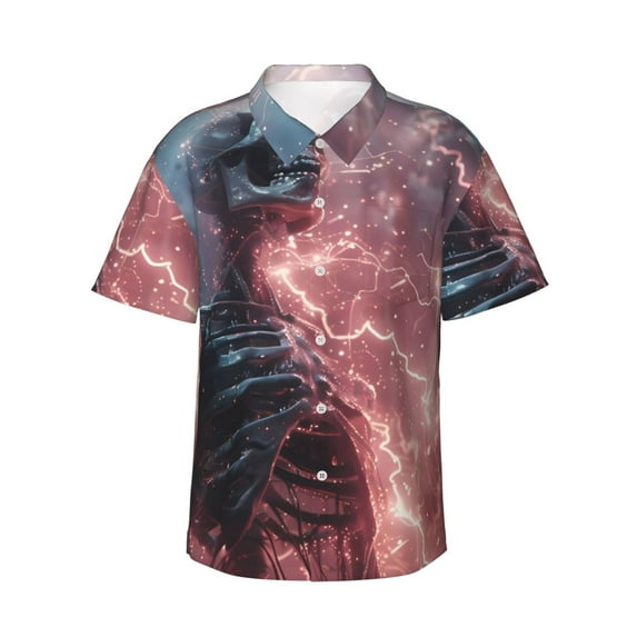Sikiie Electric Skeleton Surrealism Print Men's Hawaiian Shirt, Summer Beach Button Pocket Short Sleeve T-Shirt,X-Large