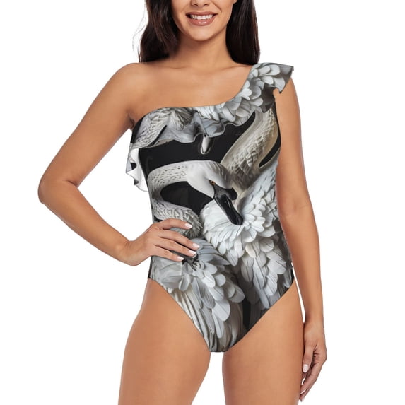 Sikiie Elegant Swans Black Background Print Women One Piece Swimsuits Tummy Control One Shoulder Bathing Suits Ruffle Swimwear, From S to XXL-Small