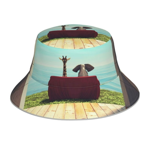 Sikiie Elehpant And A Giraffe Looking At The Sea Reflective Double-Sided Bucket Hat, Sun Hat, for Gardening, Beaching, Camping, Hiking, Fishing