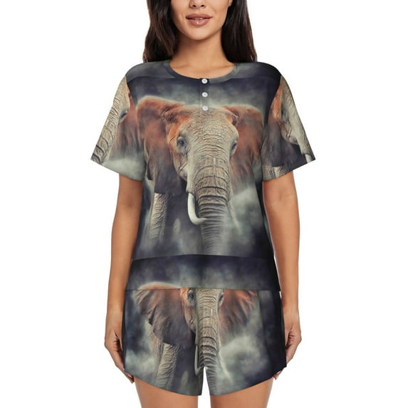 Sikiie Elephant in Smoke Womens Pajama Sets Short Sleeve Top With Pants Sleepwear 2 Piece Lounge SetXX-Large