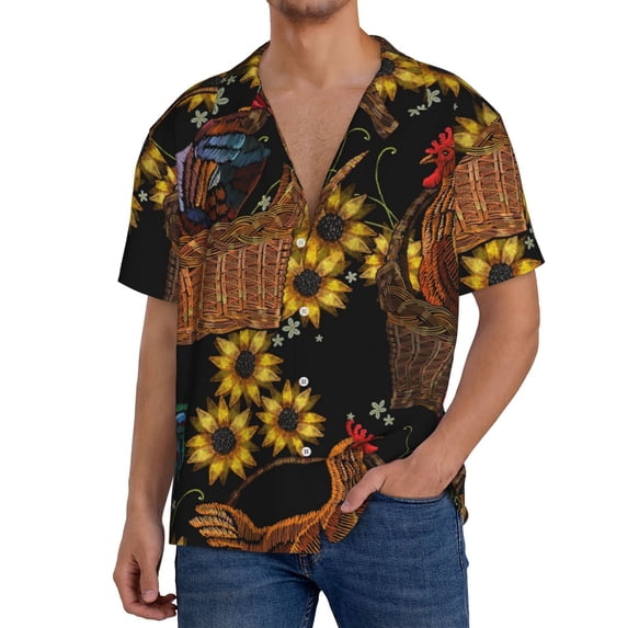 Sikiie Embroidery Chicken Rooster Men's Wrinkle Free Untucked Cuban Shirt Business Casual Button Down Shirts Short Sleeve Shirt3X-Large