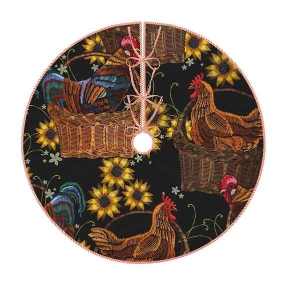 Sikiie Embroidery Chicken Rooster Nativity Christmas Tree Skirt, Jesus Christian Winter Holiday Tree Mat Decoration(30-48IN)48"