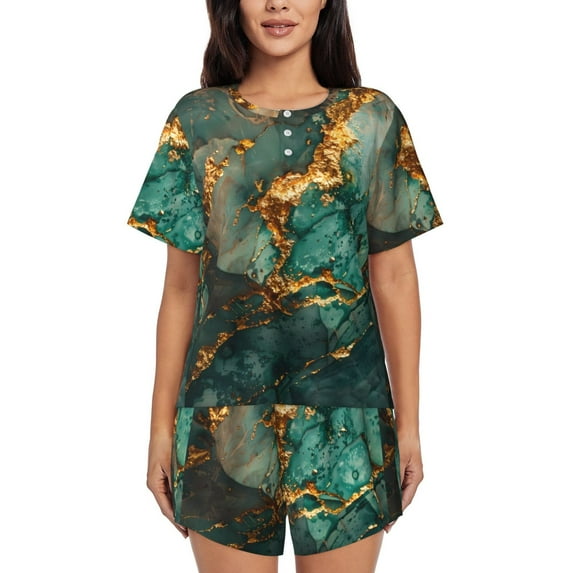 Sikiie Emerald Color Gold Marble Womens Pajama Sets Short Sleeve Top With Pants Sleepwear 2 Piece Lounge Set-Medium