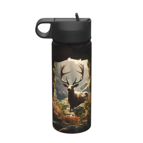 Sikiie Enchanted Deer In Cave Print 18OZ Insulated Straw Cup, Portable Leak-proof Sports Water Bottle, Stainless Steel Water Cup Suitable for Home and Outdoor