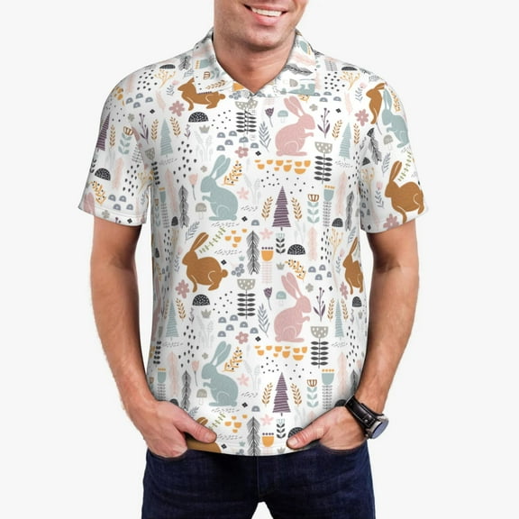 Sikiie Fall Rabbit Print Men's Short-sleeved POLO Shirts, Button-down Shirts and T-shirts are Suitable for Vacation, Leisure and Business-4X-Large