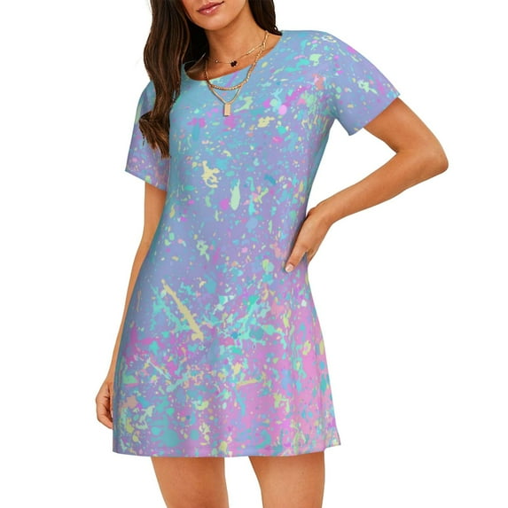 Sikiie Fantasy Gradient Print Women's Short-sleeved Nightdress, Round Neck Pullover Nightdress Pajamas Summer Home Wear