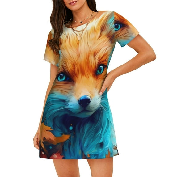 Sikiie Fiery Red Maple Leaf Fox Print Women's Short-sleeved Nightdress, Round Neck Pullover Nightdress Pajamas Summer Home Wear