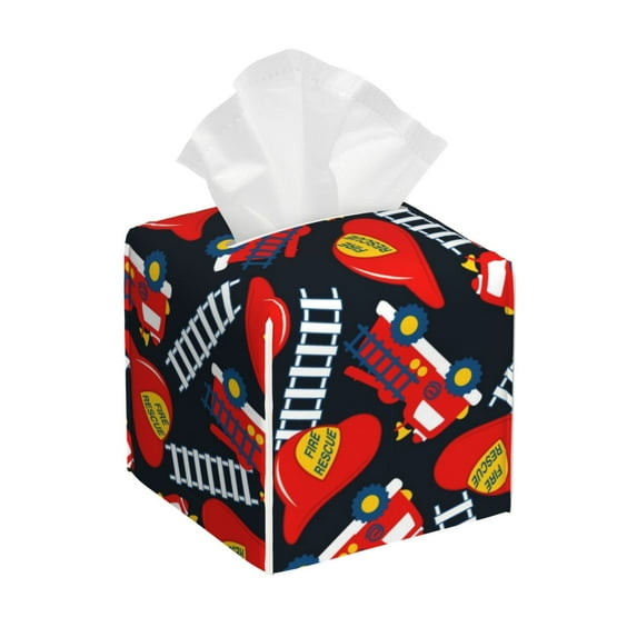 Sikiie Fire Rescue With Red Helmet And Truck Leather Tissue Box Cover Square, tissue box holder, Tissue Box with Bottom Belt-5.2”x5.2”x5.2”