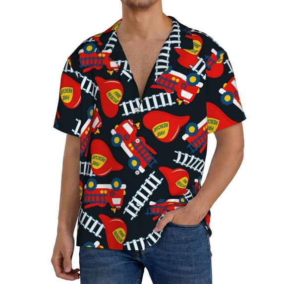 Sikiie Fire Rescue With Red Helmet And Truck Men's Wrinkle Free Untucked Cuban Shirt Business Casual Button Down Shirts Short Sleeve ShirtMedium
