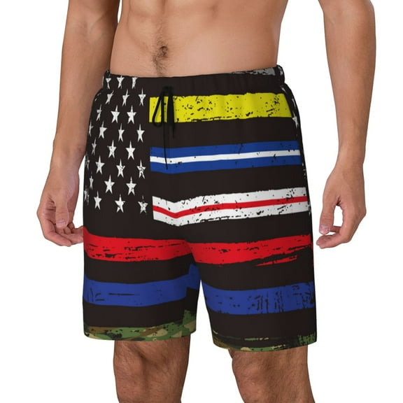 Sikiie First Responder American Flag Print Men's Double Layer Swimming Trunks, Adjustable Waistband and Pockets Sports Swimming Trunks, Beach Swimwear-Small