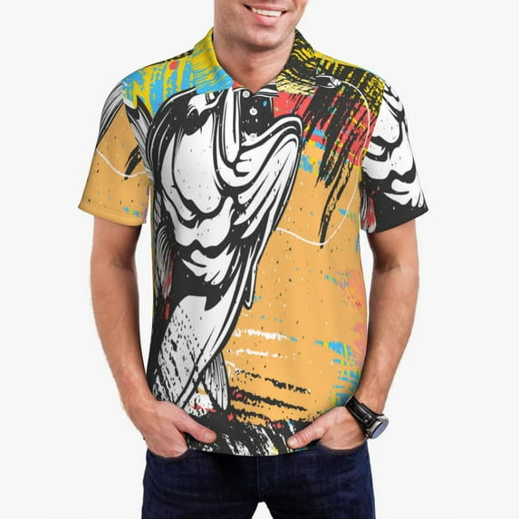 Sikiie Fishing Bass Print Men's Short-sleeved POLO Shirts, Button-down Shirts and T-shirts are Suitable for Vacation, Leisure and Business-Large