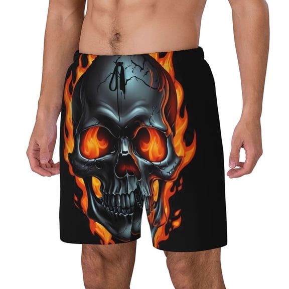 Sikiie Flame Metal Skull Print Men's Double Layer Swimming Trunks, Adjustable Waistband and Pockets Sports Swimming Trunks, Beach Swimwear-Small