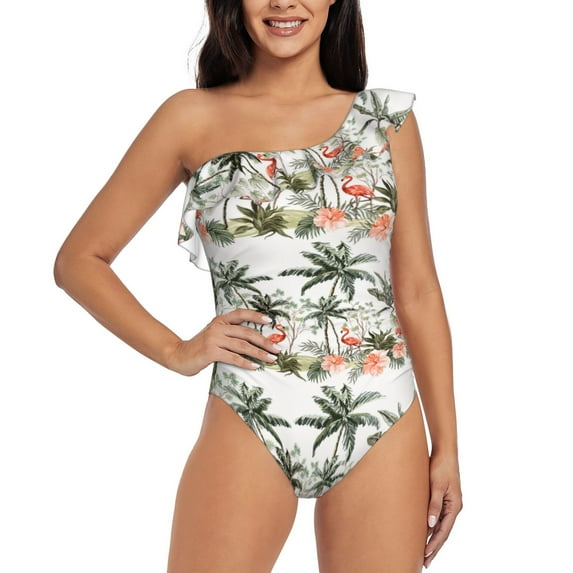 Sikiie Flamingo Palm Trees Print Women One Piece Swimsuits Tummy Control One Shoulder Bathing Suits Ruffle Swimwear, From S to XXL-XX-Large