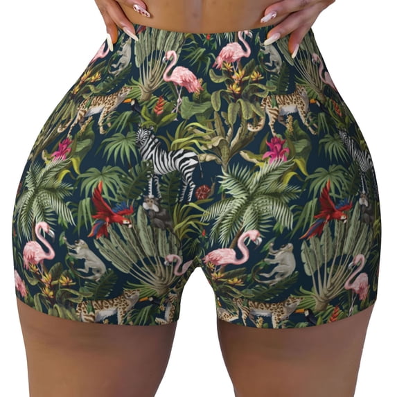 Sikiie Flamingos And Palm Leaves Print Workout Shorts Women Scrunch Butt Gym Shorts Seamless High Waist Tummy Control Yoga Biker Athletic Shorts