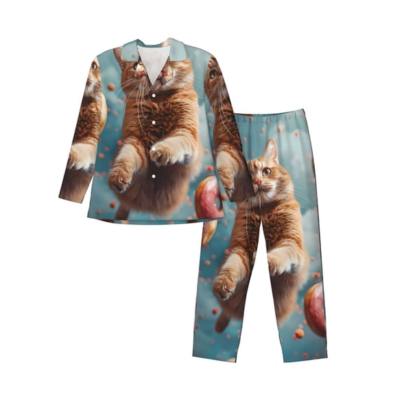 Sikiie Floating Cat And Donuts Mens Pajama Set, Soft Warm Long Sleeve Sleepwear, Cozy Button-Down Pjs for Men-Large