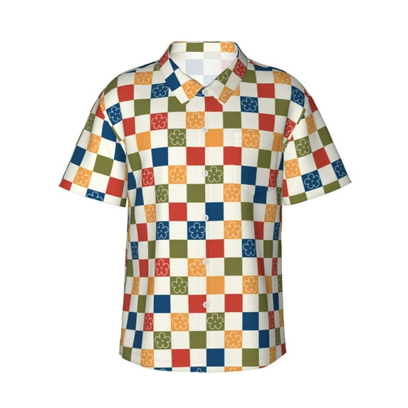 Sikiie Floral Checkerboard Print Men's Hawaiian Shirt, Summer Beach Button Pocket Short Sleeve T-Shirt,Large