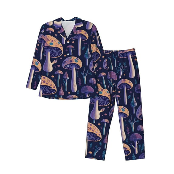 Sikiie Floral Hippie Mushrooms Mens Pajama Set, Soft Warm Long Sleeve Sleepwear, Cozy Button-Down Pjs for Men-XX-Large