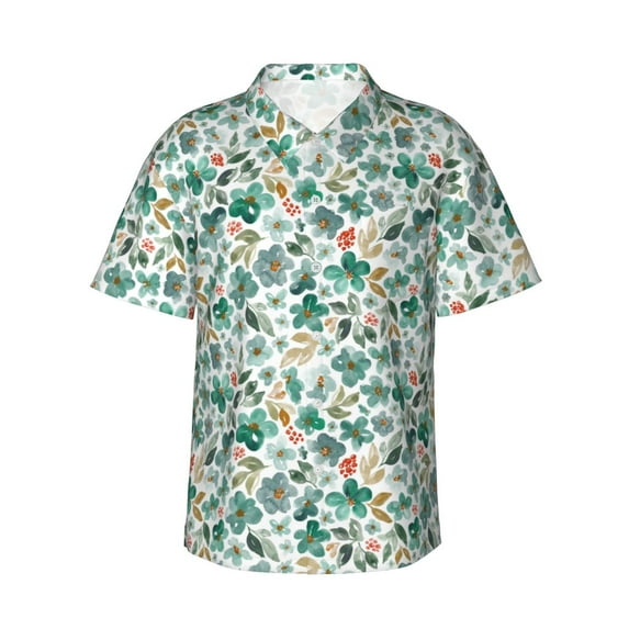 Sikiie Floral In Teal Print Men's Hawaiian Shirt, Summer Beach Button Pocket Short Sleeve T-Shirt,Small