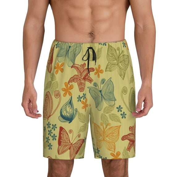 Sikiie Floral with Butterflies Mens Pajama Shorts, Lightweight Lounge Pant with Pockets Soft Sleep Pj Shorts for MenX-Large