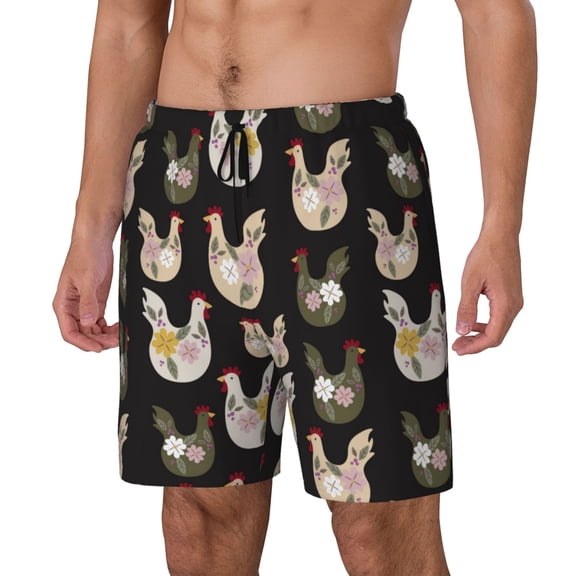 Sikiie Flowe Rooster Print Men's Double Layer Swimming Trunks, Adjustable Waistband and Pockets Sports Swimming Trunks, Beach Swimwear-Large
