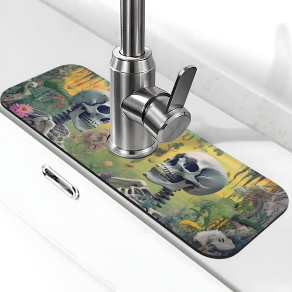 Sikiie Flower Butterfly Skull Couple Splash Guard for Sink Faucet-1 PC Super Absorbent Fast Drying Mat Sink Gadgets-Splash Guard for Kitchen, Sink Mat